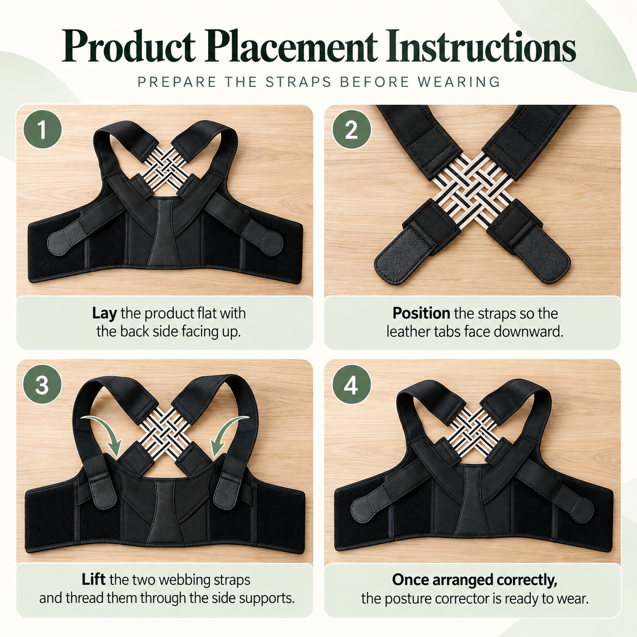Four illustrated steps for arranging the back and shoulder straps before wearing the posture corrector