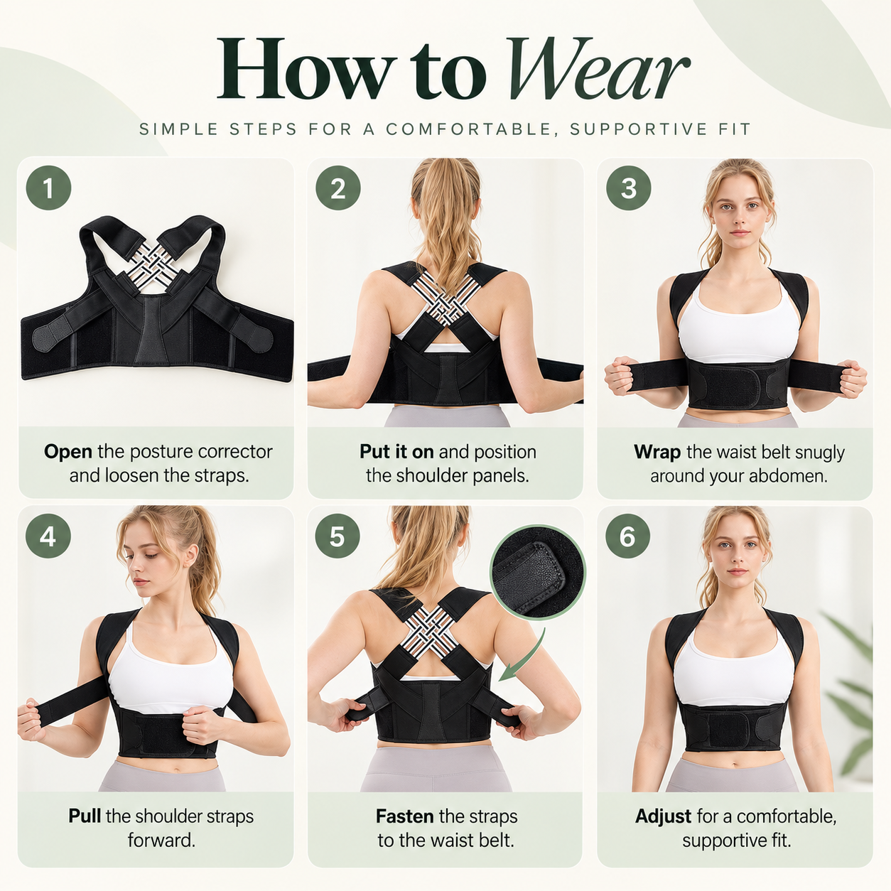 Six illustrated steps showing how to put on and comfortably adjust the black posture corrector