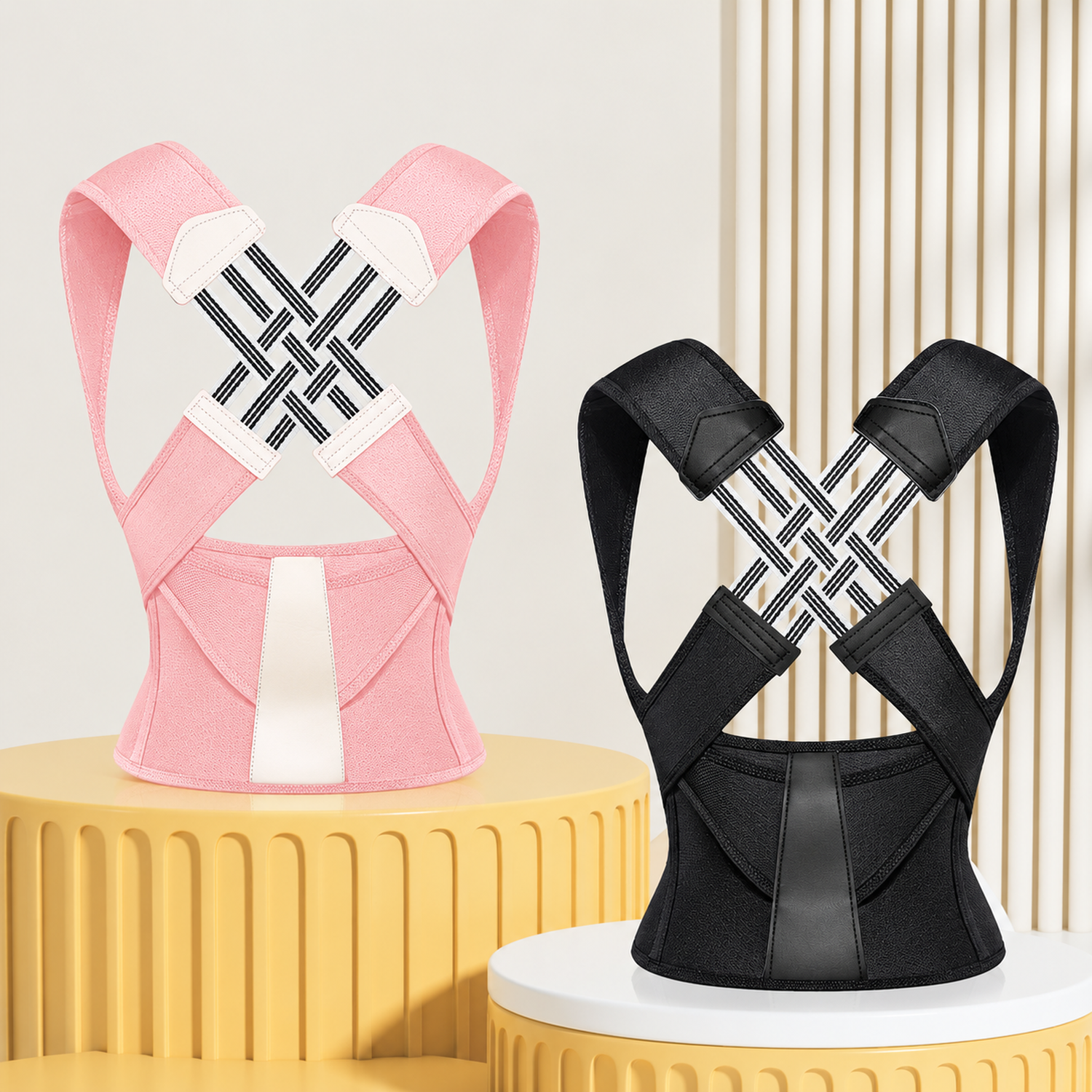 Black and pink posture supports displayed side by side
