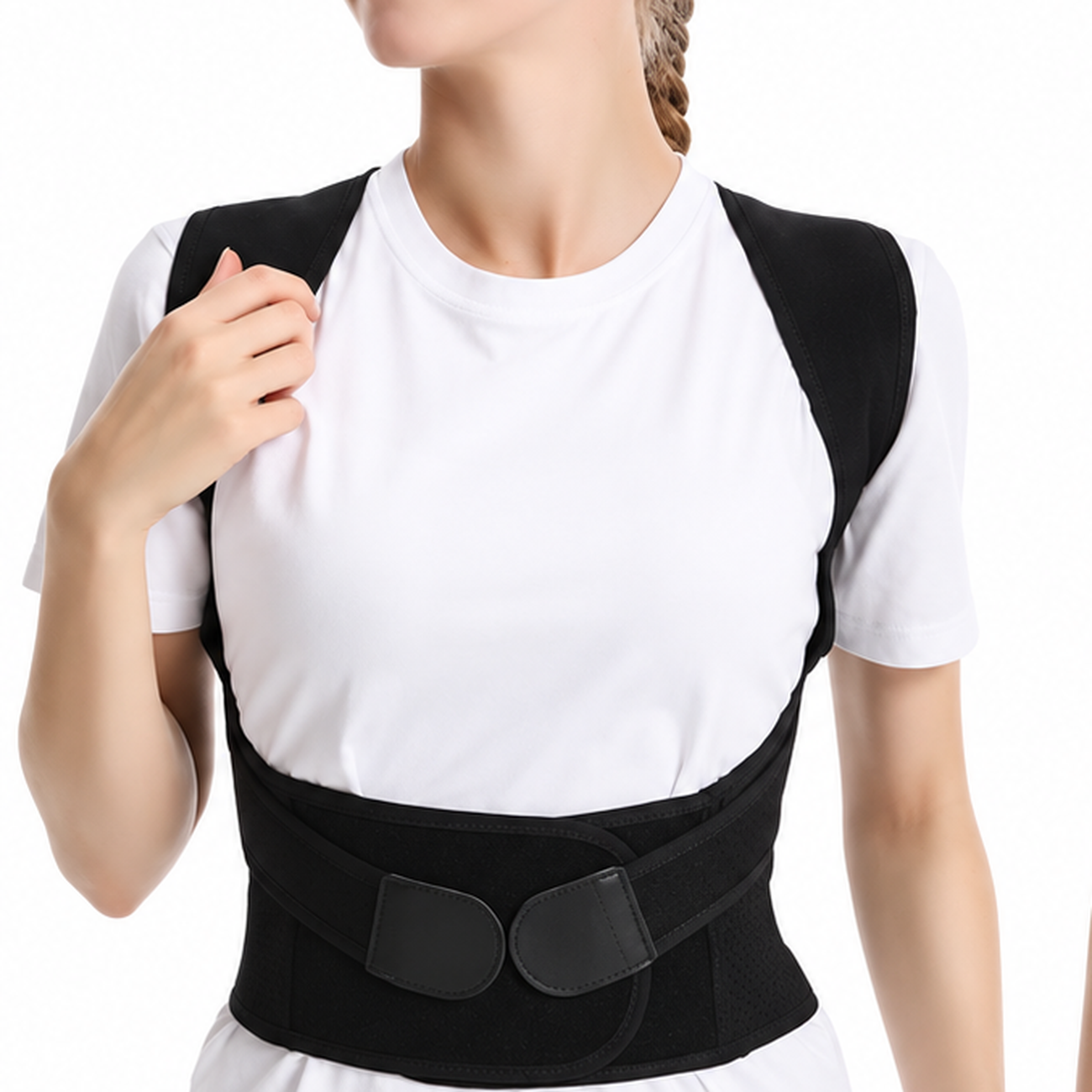 Front view of a woman wearing the black posture support