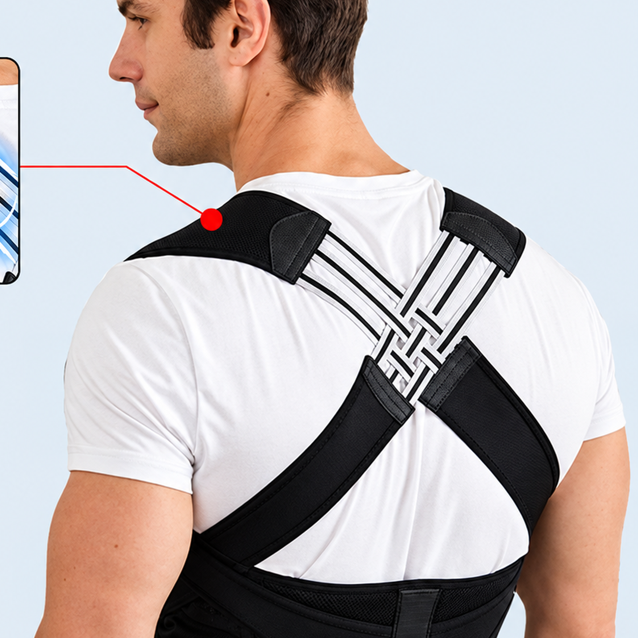 Close view of the wide shoulder panel and cross-back straps on the black posture support