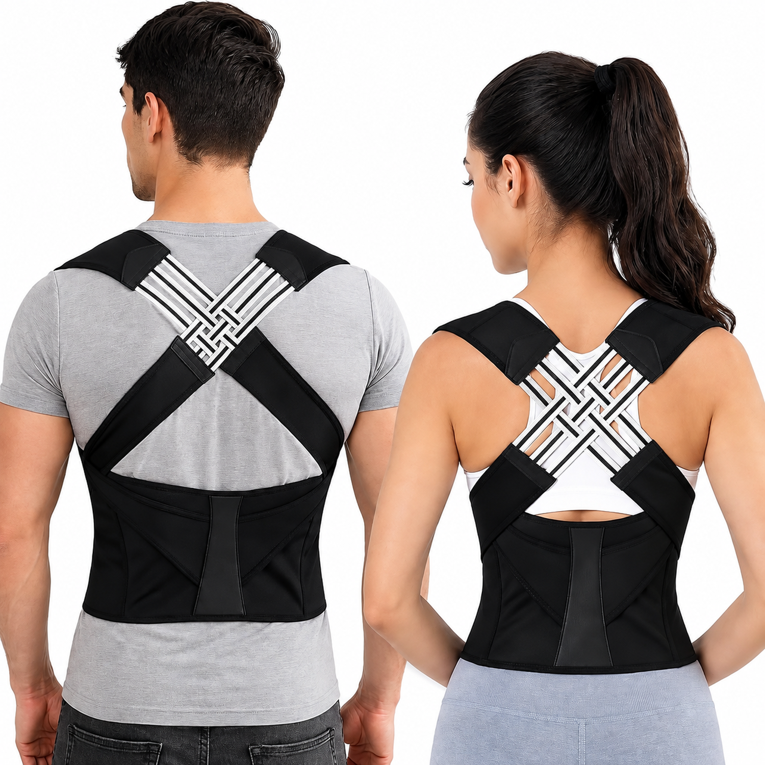 Man and woman wearing the black posture support from the back