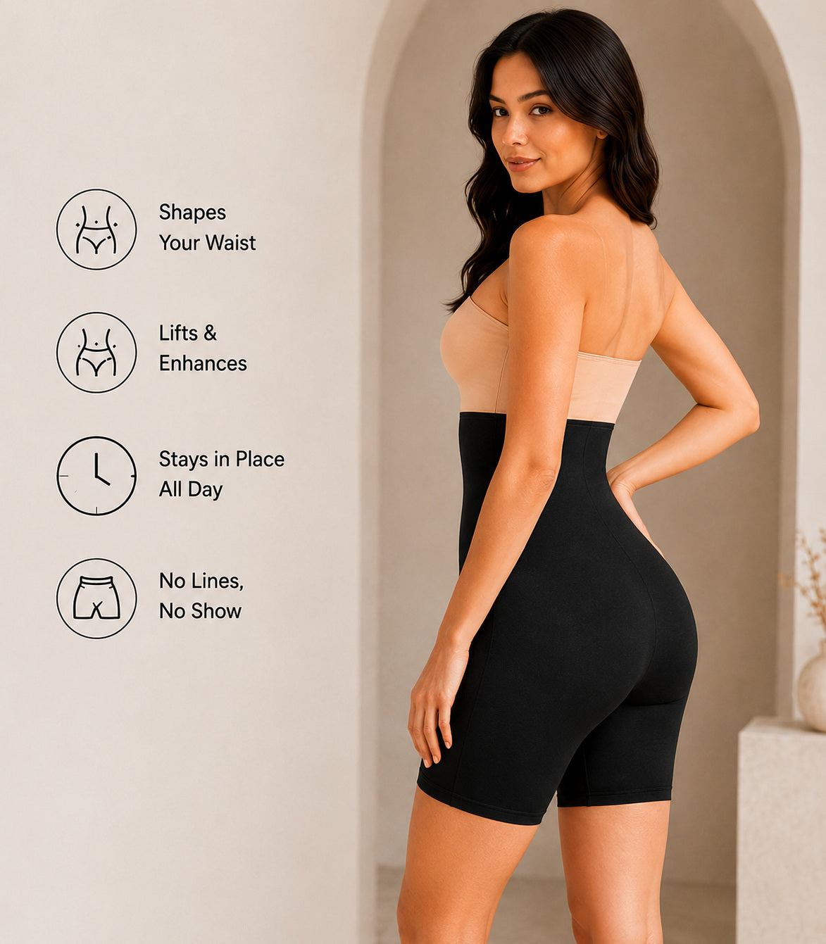 Black shapewear styled on a model