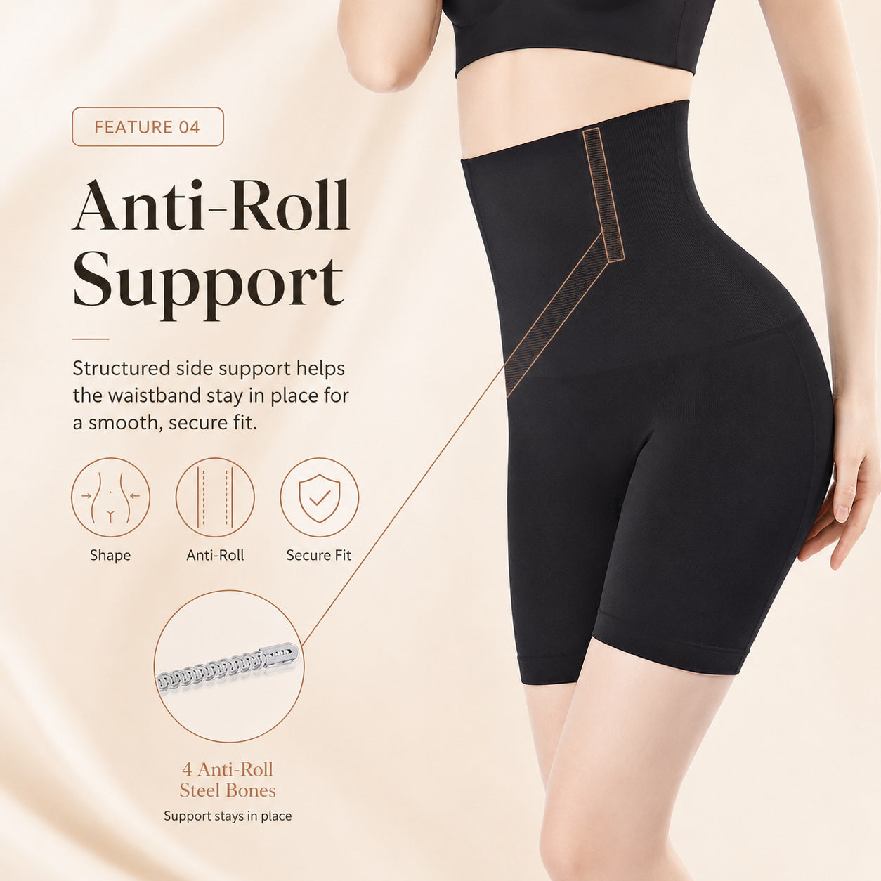 Waist anti-roll support feature